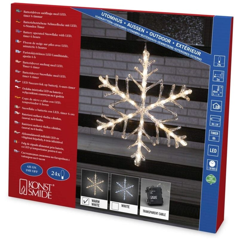 foto del prodotto konstsmide led acrilico fiocco di neve, con timer, 24 diodi a luce bianca calda, funzionamento a batteria, esterno ip44, cavo trasparente, 4 x aa 1,5