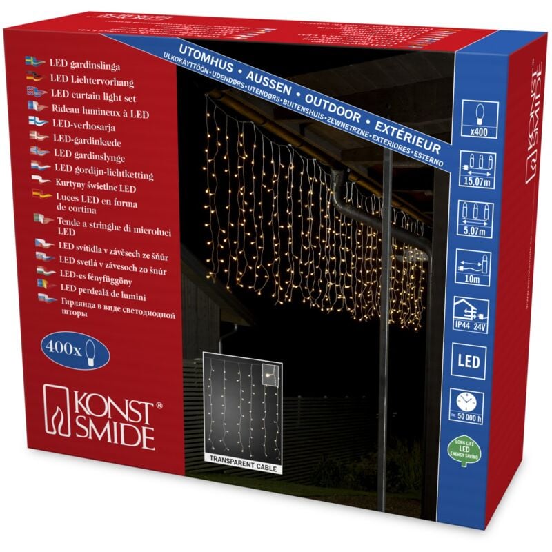 foto del prodotto konstsmide luci decorative a led, a tenda, con globes bianchi, 400 diodi a luce bianca calda, 24 v trasformatore esterno, cavo trasparente 3675 