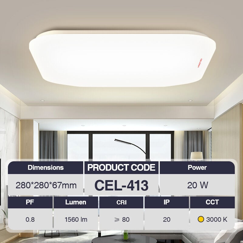 foto del prodotto kosoom plafoniera led 20w 3000k bianco ip20 1560lm cri 80 ugr 27 pf0.8 garanzia 3anni 280mmx280mmxh67mm