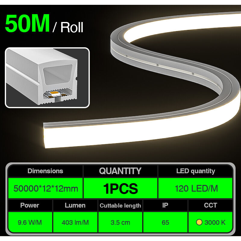 foto del prodotto kosoom striscia led neon flessibile,ip65 dc24v 120leds mt 9.6w m 3000k 403lm m 120 cri 90 garanzia 3anni l50000xw12xh12mm s0803