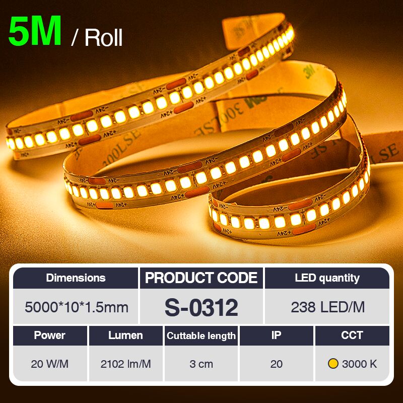 foto del prodotto kosoom striscia led professionale, cri 80 smd 2835, 70 240 led m,5 metri di luce calda 3000 k 6500 k, 24 v dc, striscia led ad alta luminosit con