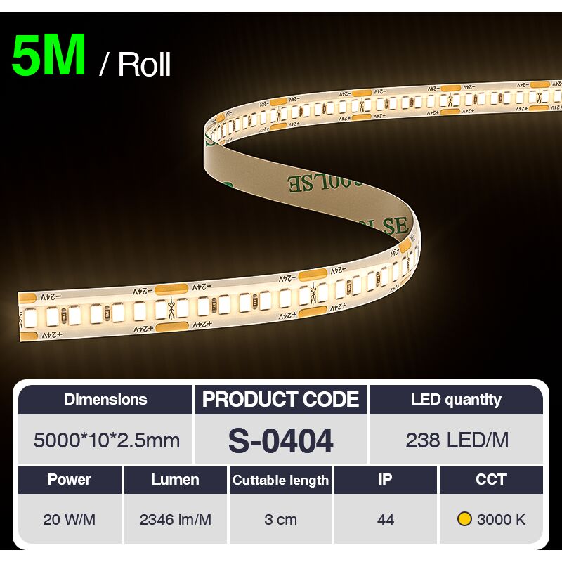 foto del prodotto kosoom striscia led professionale, cri 80 smd 2835, 70 240 led m,5 metri di luce calda 3000 k 6500 k, 24 v dc, striscia led ad alta luminosit con