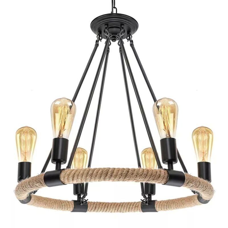 foto del prodotto kovalmax lampadario rotondo rustico in canapa e metallo portalampada e27 industriale a20