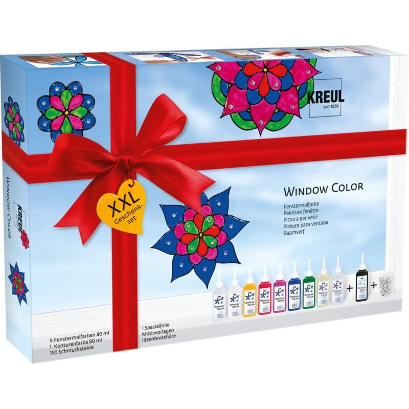 foto del prodotto kreul 42849, window color xxl set, 10 x 80 ml colori per finestre, include 80 ml contorno, per bambini creativi, foglio speciale, 150 pietre