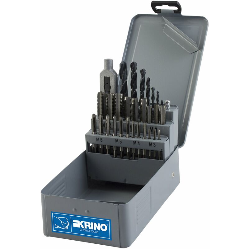 foto del prodotto krino 17005402 set di 7 maschi metrici a mano in serie di 3 pezzi, 7 punte rullate e un giramaschio in lega 29 pezzi