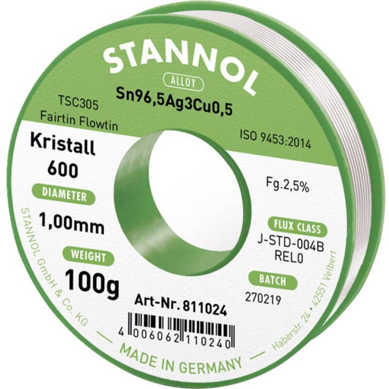 foto del prodotto kristall 600 fairtin stagno senza piombo senza piombo sn96,5ag3cu0,5 rel0 100 g 1 mm stannol