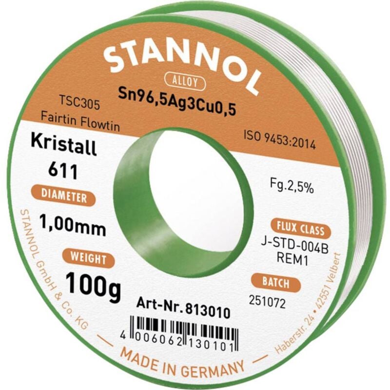 foto del prodotto kristall 611 fairtin stagno senza piombo senza piombo sn96,5ag3cu0,5 rem1 100 g 1 mm stannol