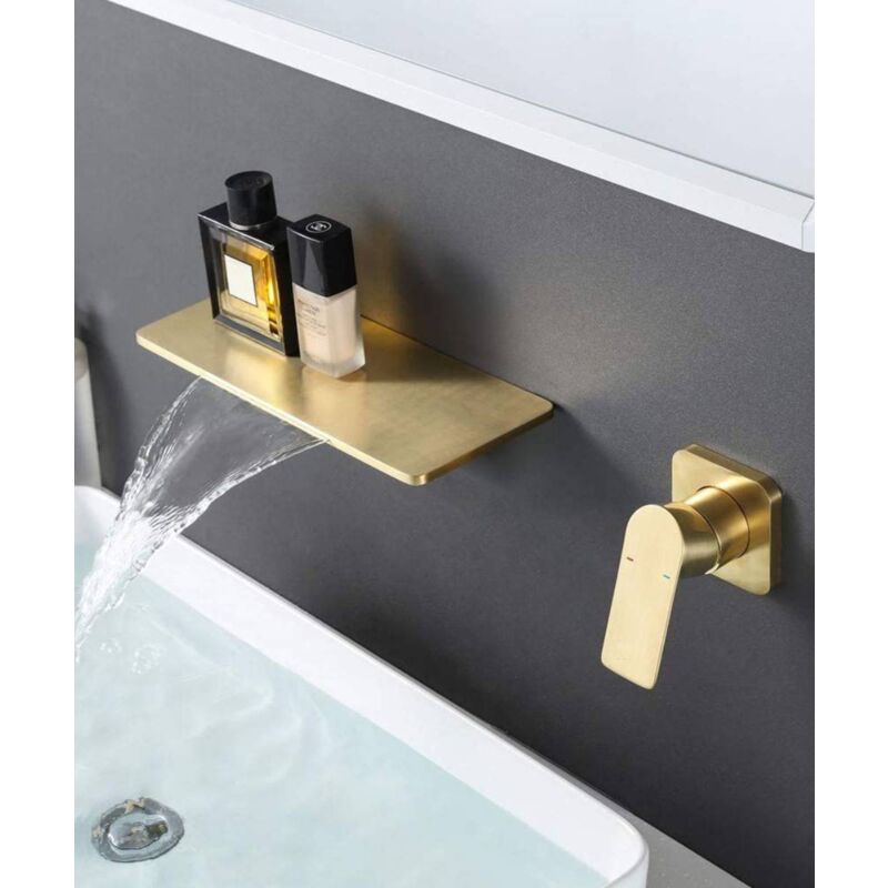 foto del prodotto kroos miscelatore monocomando a parete per lavabo con design a cascata oro spazzolato