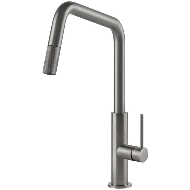 foto del prodotto ks plus. tipo di beccuccio estraibile, colore del prodotto grigio, materiale del rubinetto ottone. altezza sopra la superficie di fissaggio max 