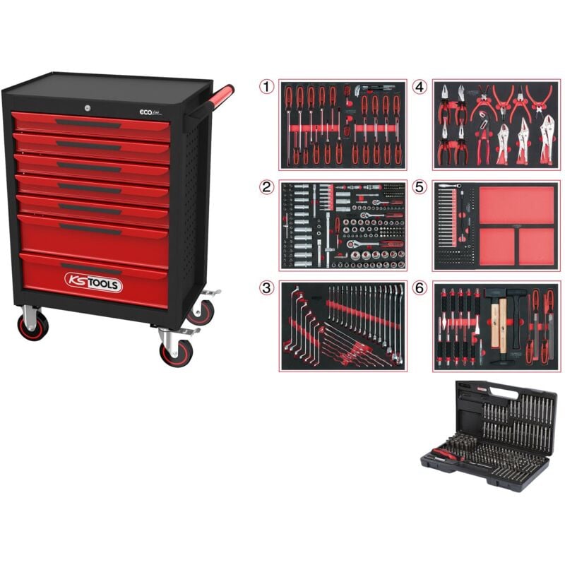 foto del prodotto kstools ecoline nero rosso carrello portautensili con 7 cassetti e 598 utensili premium