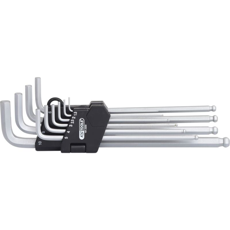 foto del prodotto kstools ks tools 151.3200 serie di chiavi maschio esagonali piegate a testa sferica in supporto a clip, 10 pz.