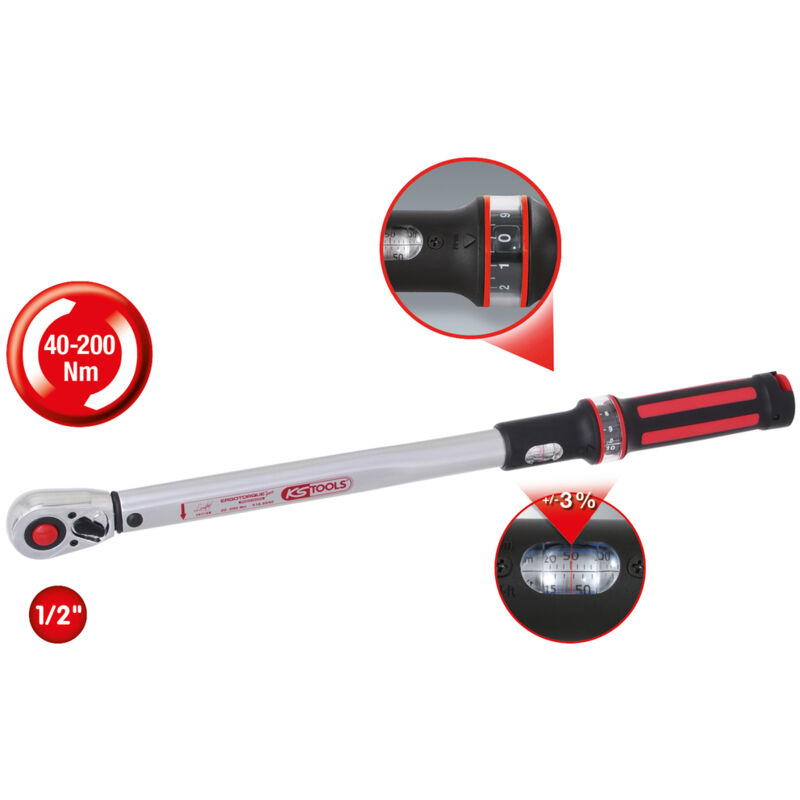 foto del prodotto kstools ks tools chiave dinamometrica a cricchetto 1 2 ergotorque precision chiave dinamometrica a cricchetto, 40 200 nm, rosso