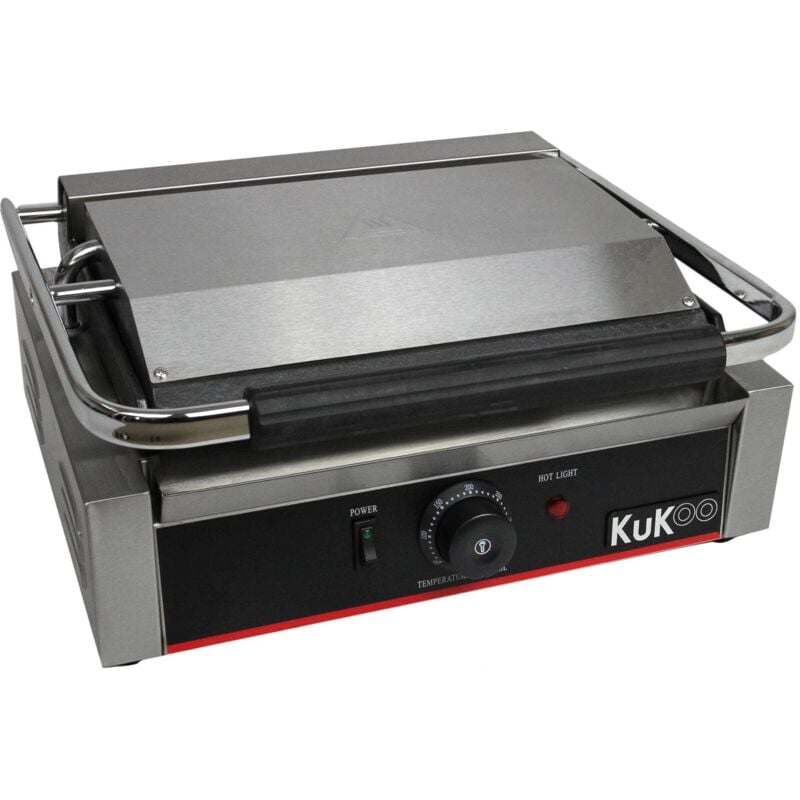 foto del prodotto kukoo - piastra per panini professionale con griglia rigata e liscia, 2200w, 50-300 c, acciaio inox e griglia in ghisa per hamburger, sandwich con