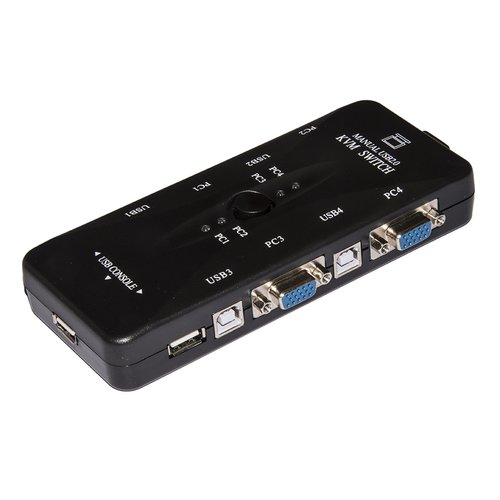 foto del prodotto kvm switch usb vga link per 4 pc con 1 mouse, 1 tastiera usb e 1 monitor vga con cavi inclusi