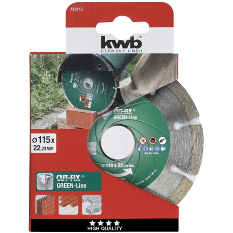 foto del prodotto kwb 1 disco da taglio diamantato green line 115x22mm per smerigliatrice multiuso per mattoni piastrelle cemento