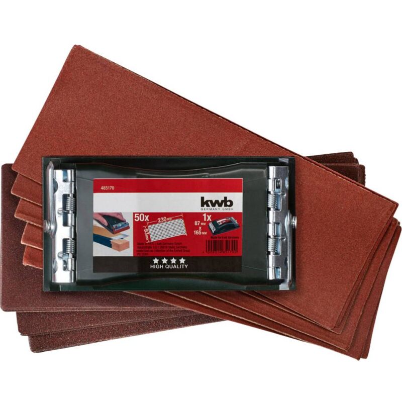 foto del prodotto kwb 485170 handschleifer set professionale, con 50 strisce di levigatura 93 x 230 mm 1 pz.