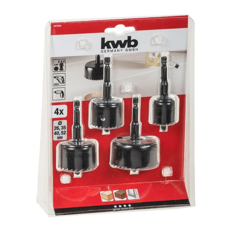 foto del prodotto kwb 497900 kit seghe a tazza 4 parti 26 mm, 35 mm, 40 mm, 52 mm 1 pz.