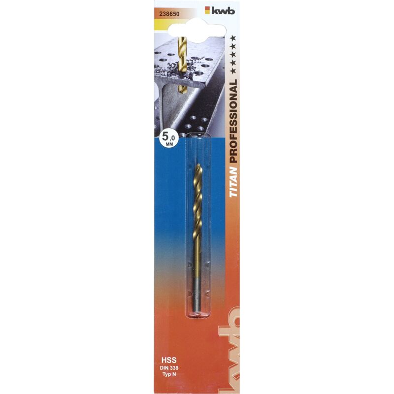 foto del prodotto kwb 5 mm punta per metalli hss tin 238650 punta elicoidale hss, qualit industriale, rettifica di precisione, alta velocit di taglio, din 338,