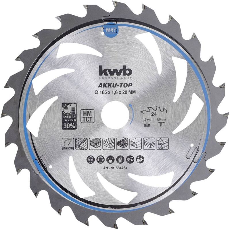 foto del prodotto kwb 584754 lama circolare in metallo duro 165 x 20 x 1 mm numero di denti 24 1 pz.
