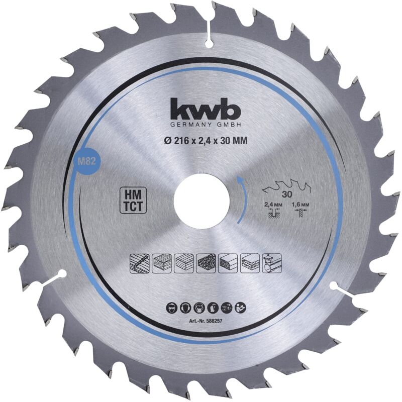 foto del prodotto kwb 588257 lama per seghe circolari per trucioli, legno legno duro, 216 x 30 mm, tagli puliti, numero medio, 30 denti z 30, lama per seghe cleancut