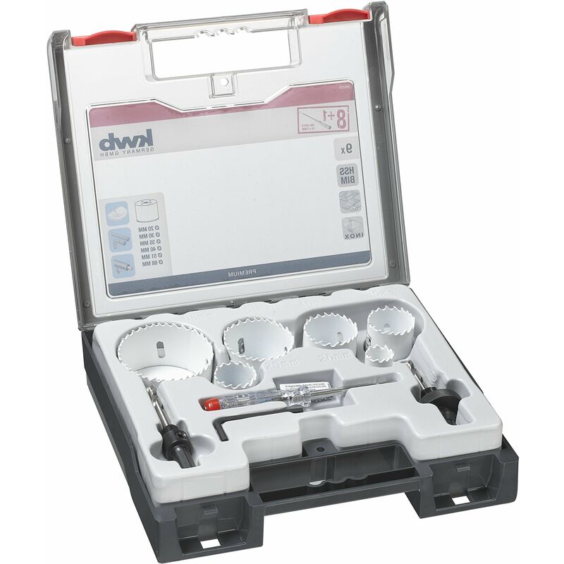 foto del prodotto kwb 598220.0 set di seghe a tazza professionali bimetalliche n. 1 per idraulici 9 pezzi, hss co, dentatura vario, 8 cobalto, incl. tester di