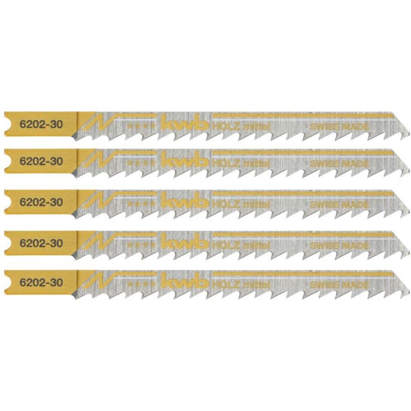 foto del prodotto kwb 620235 lame per seghetto alternativo, lavorazione del legno, hcs, gambo universale, confezione professionale, 5 x m