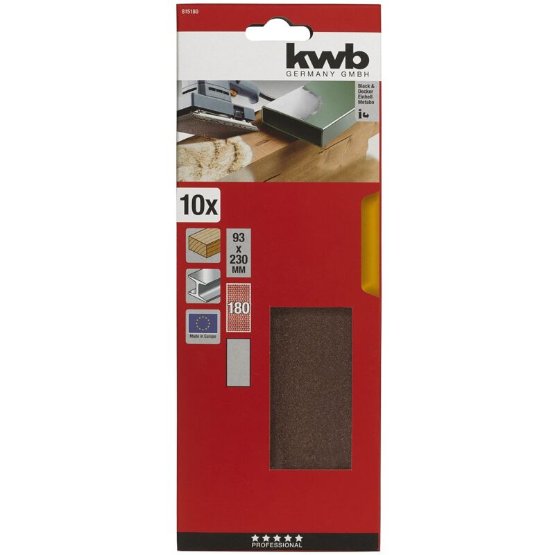 foto del prodotto kwb 815 180 set di carta vetrata 10pc professionale 93 x 230 mm, grano 180, per legno, metallo e colore, spruzzatura di ossido di alluminio, per