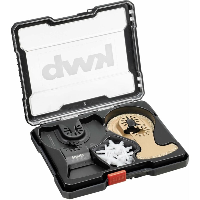foto del prodotto kwb accessori multiutensile in set da 22 pezzi, lama da sega 87 mm, a forma di dito, raschietto per stucco hm sabbiato semicircolare, raschietto