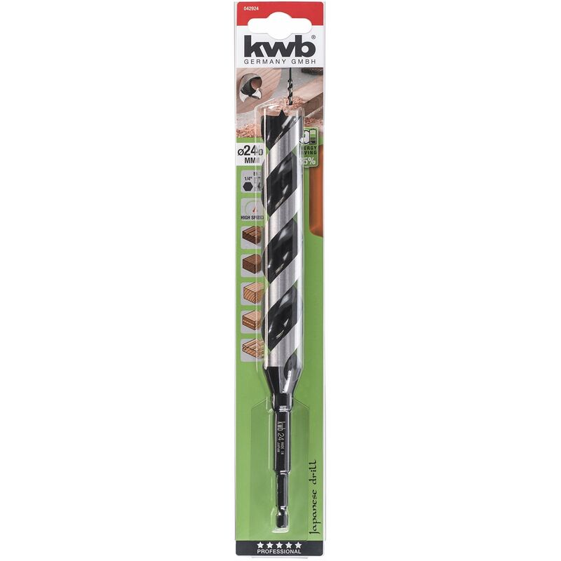 foto del prodotto kwb akku top 3 s japan snake bit 24mm, con gambo esagonale 1 4 e 235mm di lunghezza totale, affilatura speciale super tagliente, per legno