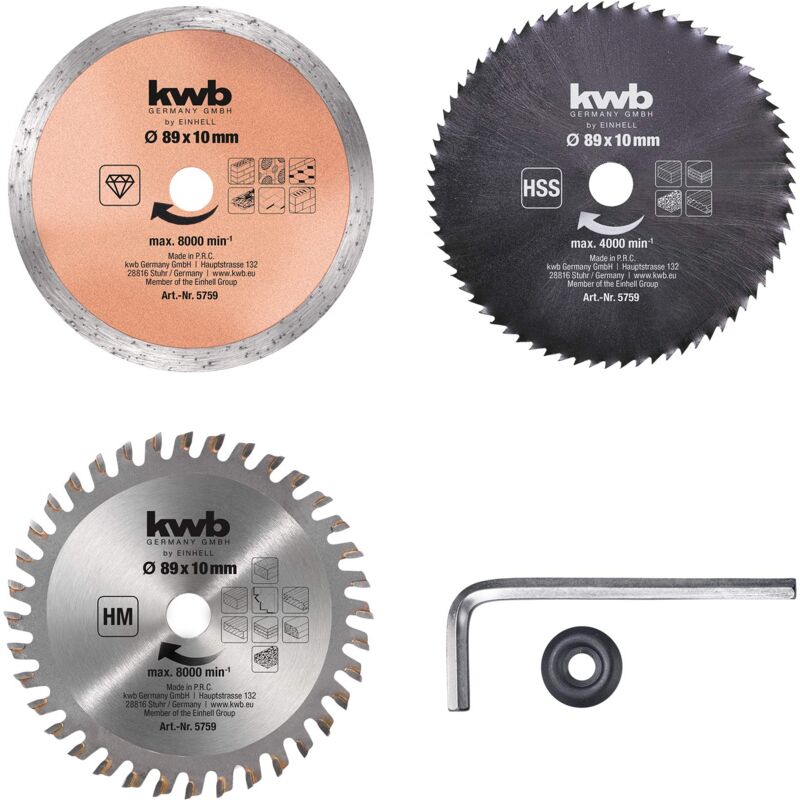 foto del prodotto kwb by einhell set di 5 lame per sega circolare a mano 89 mm, hss, hm e diamantate, adatte per mini sega circolare a mano tc cs 860 1