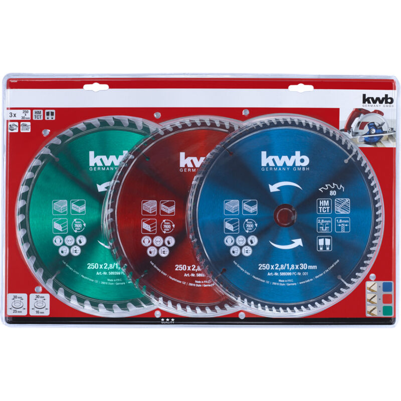 foto del prodotto kwb einhell 49589399 set 3 lame sega circolare troncatrice 250x30mm 40t 60t 80t