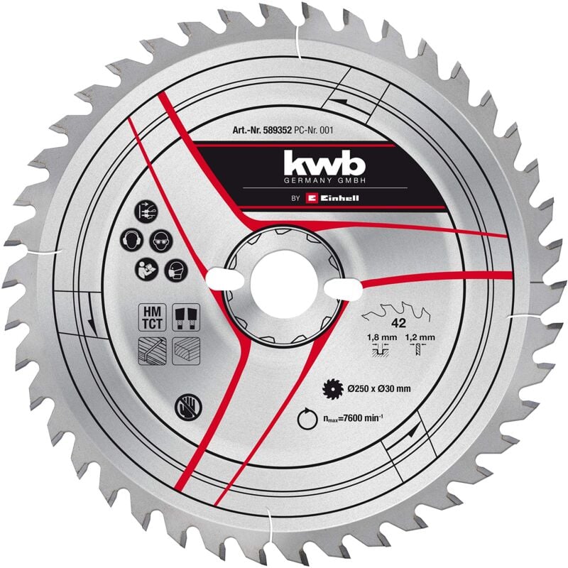 foto del prodotto kwb einhell lama per sega circolare originale, 250 x 30 cm accessori per sega, diametro 250 mm, attacco 30 mm, 42 denti piegati, larghezza di