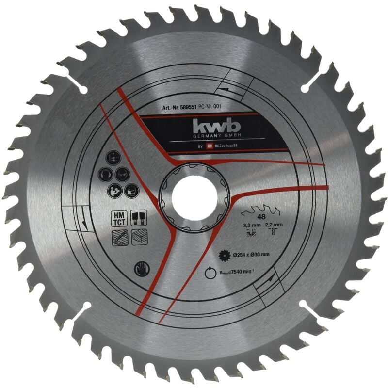 foto del prodotto kwb einhell lama per sega circolare originale, 254 x 30 accessori per sega, 254 mm, attacco 30 mm, 48 denti, larghezza di taglio 3,2 mm, per
