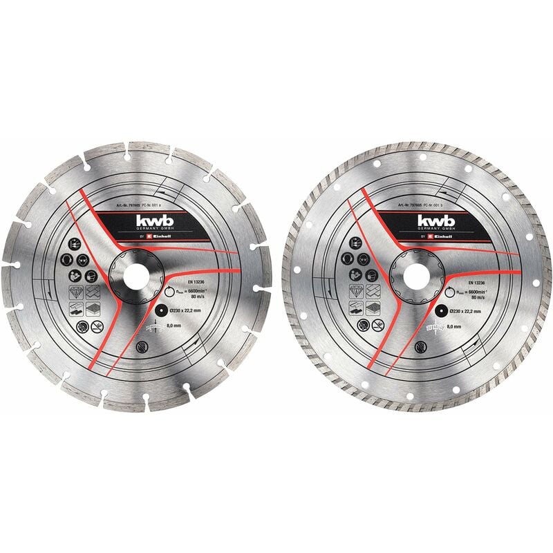foto del prodotto kwb einhell set di 2 dischi da taglio dia, 230 mm accessori per smerigliatrice angolare, 2 dischi diamantati, diametro 230 mm, spessore 1,8 mm,