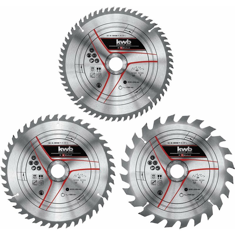 foto del prodotto kwb einhell set di 3 lame per sega circolare, 250 x 30 mm, accessori per seghe 3 lame per sega hm, diametro 250 x 30 mm, 1 x 24 z, 1 x 42 z, 1 x