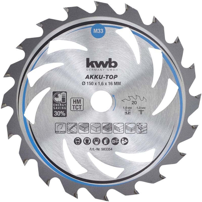 immagine 0 del prodotto kwb lama per sega circolare 150 x 16 mm, taglio ultrarapido, ottimale per macchine a batteria, adatta per legno tenero e duro, listellare e