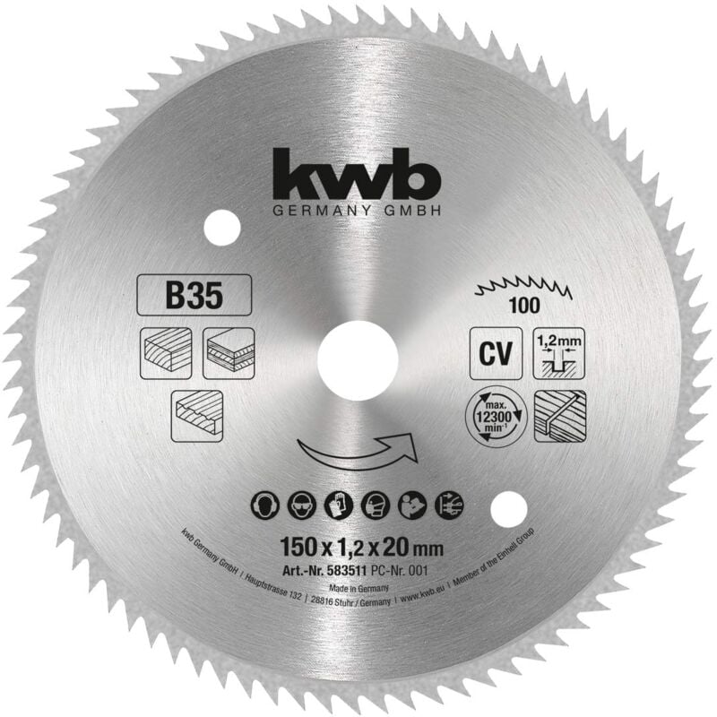 foto del prodotto kwb lama per sega circolare 150 x 20 mm, made in germany, tagli molto fini, adatta per pannelli di legno, legno profilato e legno tenero