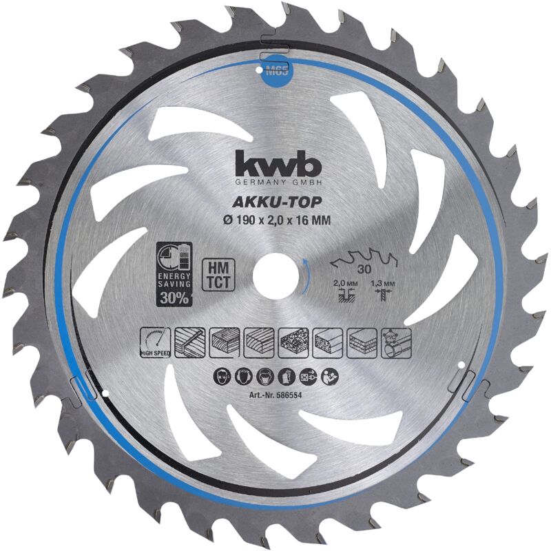 foto del prodotto kwb lama per sega circolare 190 x 16 mm, taglio ultrarapido, ottimale per macchine a batteria, adatta per legno tenero e duro, listellare e