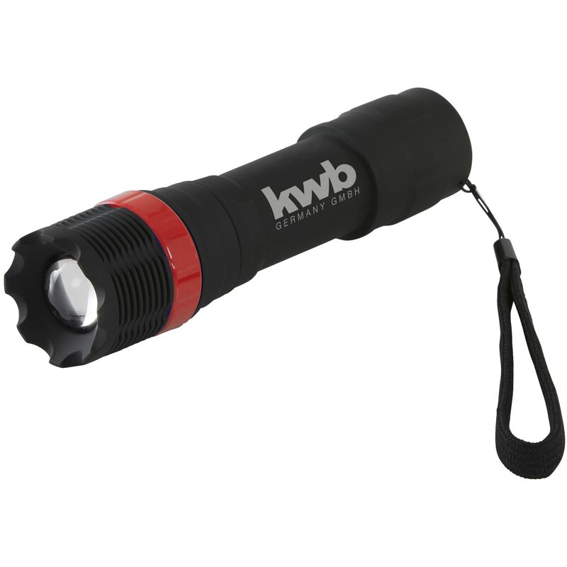 foto del prodotto kwb led torcia torcia tactical zoom 948190 superhell, su una funzione di messa a fuoco regolabile ad anello rotante, cinturino a mano 