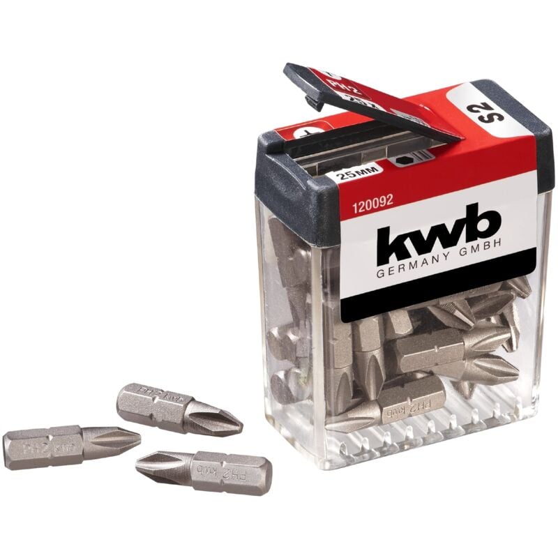foto del prodotto kwb ph2 bit dispenser box set di 25 pezzi con punte per cacciaviti ph2, lunghezza 25 mm, forma c 6.3 e diametro 1 4 con albero esagonale.
