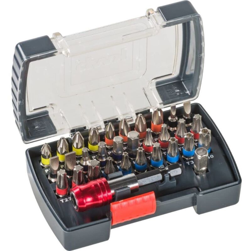 foto del prodotto kwb power universal bit box set 32 pezzi con punte, portapunte a cambio rapido con magnete in una robusta scatola di plastica