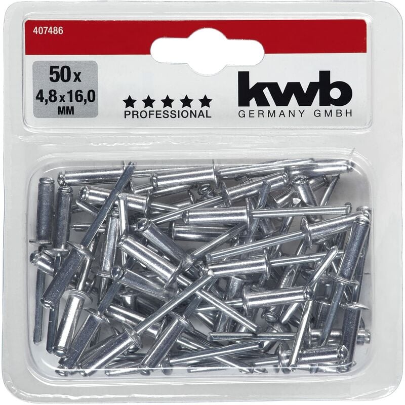 foto del prodotto kwb rivetti ciechi rivetto pop 4,8 mm, lunghezza 16 mm, in alluminio, con penna zincata, per pinze di rivetto cieco cieco commercialmente
