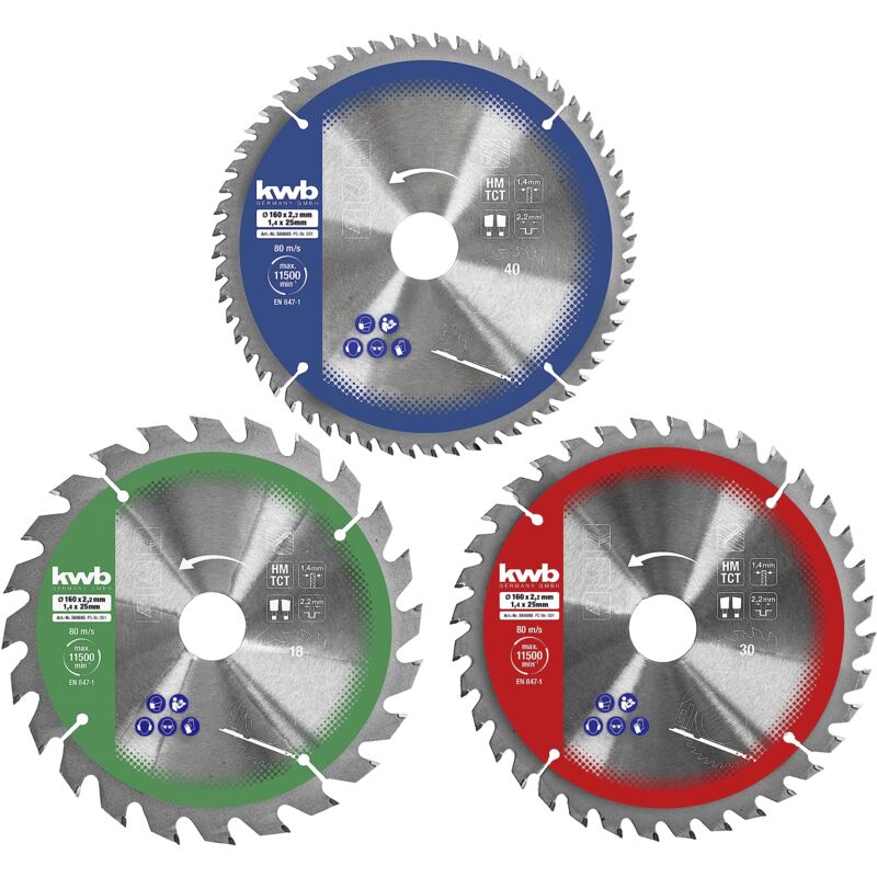 foto del prodotto kwb set di lame circolari 160 x 25 20 16 mm per seghe circolari portatili per pannelli e materiali da costruzione in legno incl. anelli di