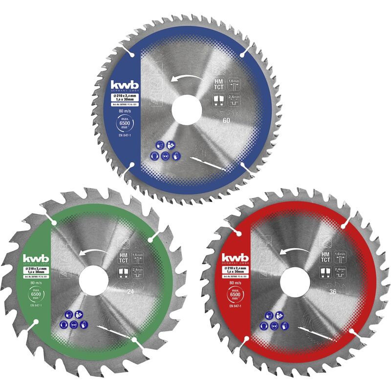foto del prodotto kwb set di lame per seghe circolari 210 x 30 20 16 mm per seghe circolari manuali o da banco, per pannelli e materiali da costruzione in legno