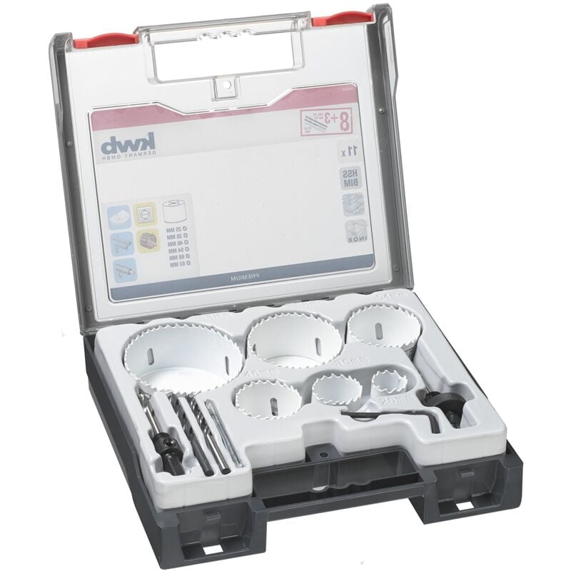 foto del prodotto kwb set di seghe a tazza 8 pezzi con denti vario, inoltre con una punta per legno da 6 mm, una punta per metallo e una per vetro