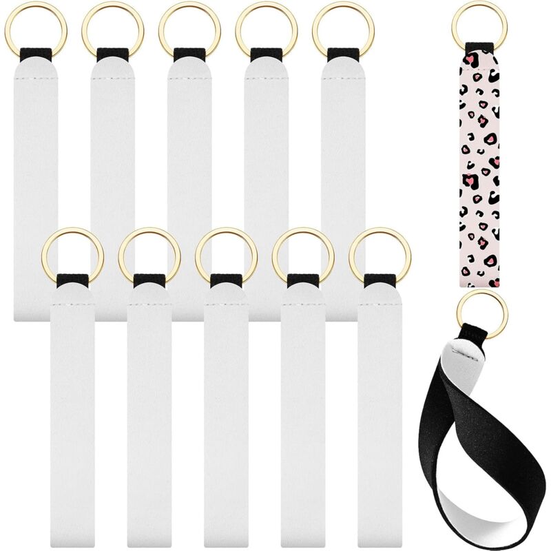 foto del prodotto kzq 10 pezzi sublimazione vuoto neoprene polso cordini cinturino bianco neoprene braccialetto portachiavi polso cordino portachiavi con anello