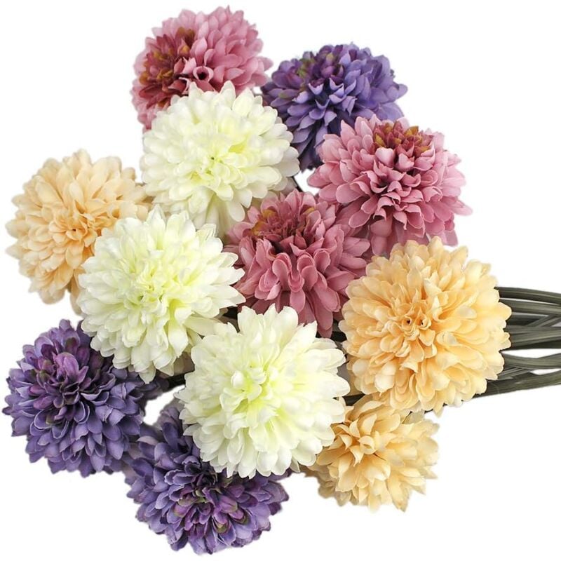 foto del prodotto kzq 12 pezzi di fiori artificiali, 4 colori di crisantemo artificiale spago di iuta biglietto di auguri, bouquet di ortensie di seta per