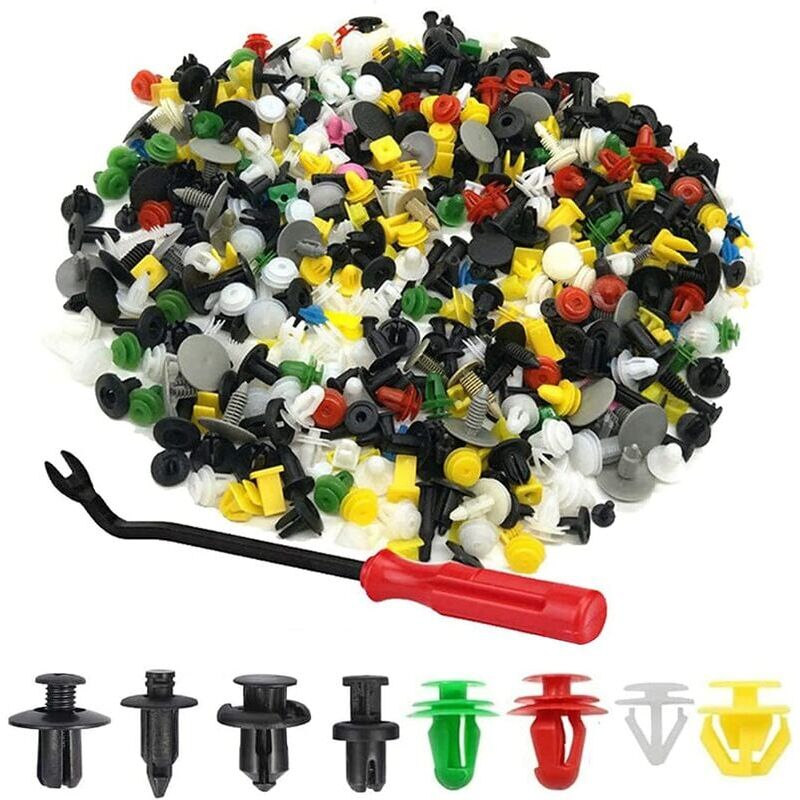 foto del prodotto kzq 500 pezzi di clip per rivetti in plastica, elementi di fissaggio universali in plastica per auto, clip per finiture auto con strumento di