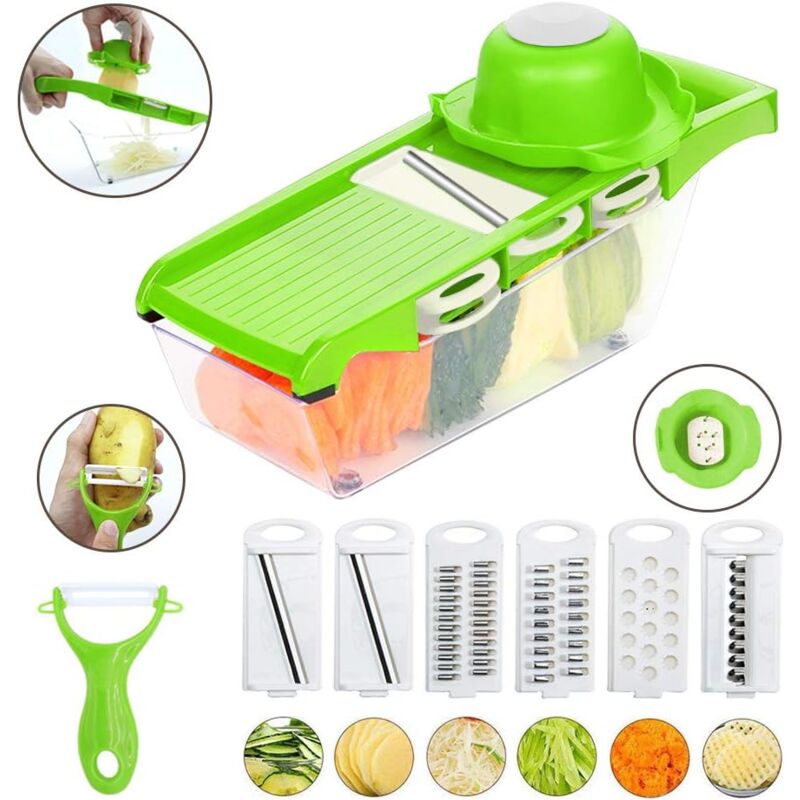 foto del prodotto kzq affettatrice mandolina multifunzione 6 in 1, tagliaverdure con contenitore per verdure per mele, senza bpa verde 