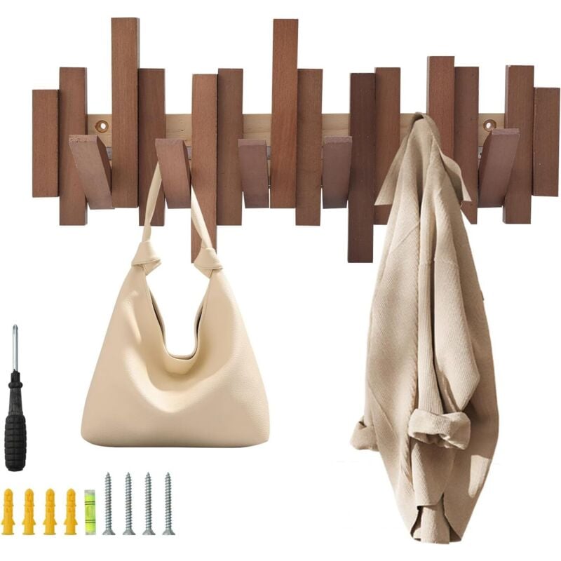 foto del prodotto kzq appendiabiti da parete in legno naturale con 6 ganci stile moderno ribaltabile per ingresso, bagno, cappotti, cappelli, borse
